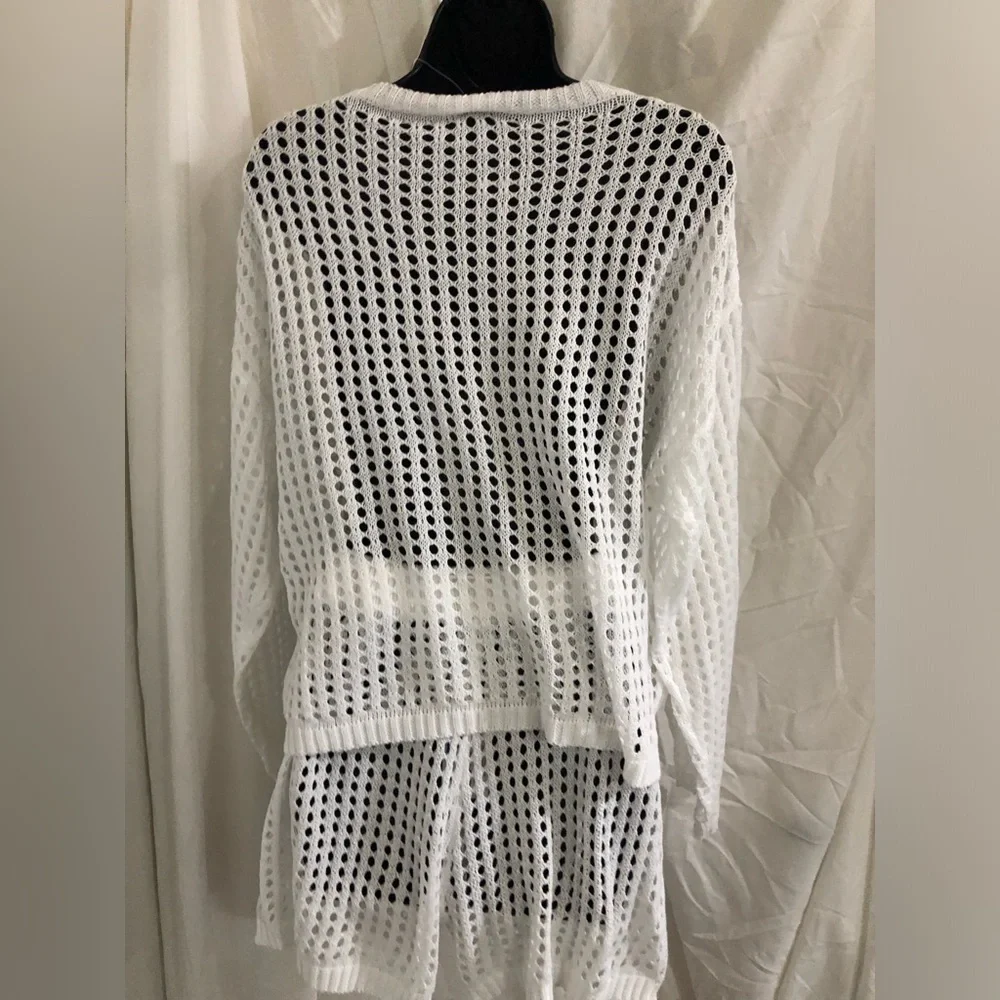 White 2pc American flag crochet mesh sweater & shorts coverup set size large new